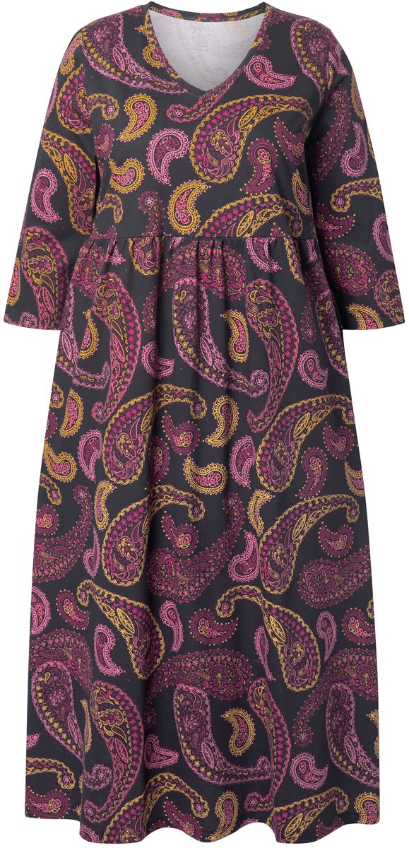 Ulla Popken Dames - Jersey maxi-jurk A-lijn V-hals 3/4-mouwen - Zwart - Maat 62+