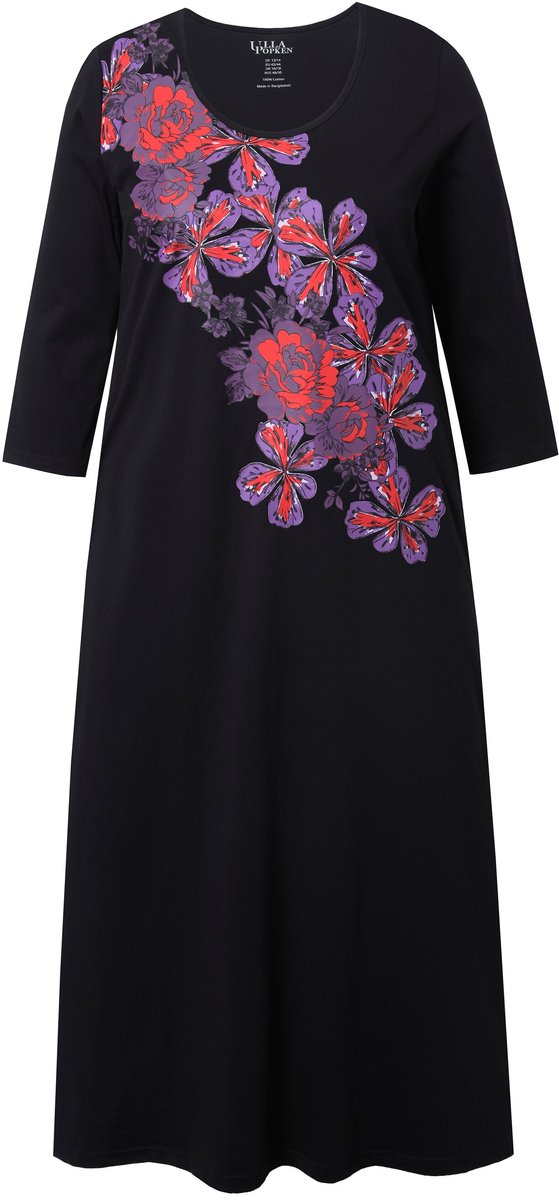 Ulla Popken Dames - Jersey jurk bloemen A-lijn ronde hals 3/4-mouw - Zwart - Maat 46+