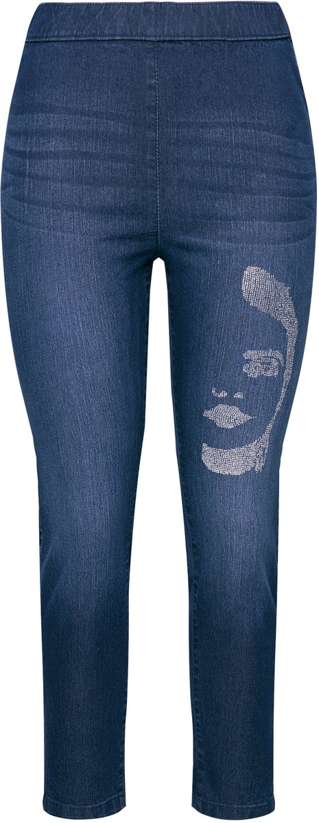 MIAMODA - Dames - Jeggings Slim Fit met glittersteentjes-gezicht - Donkerblauw denim - Maat 54