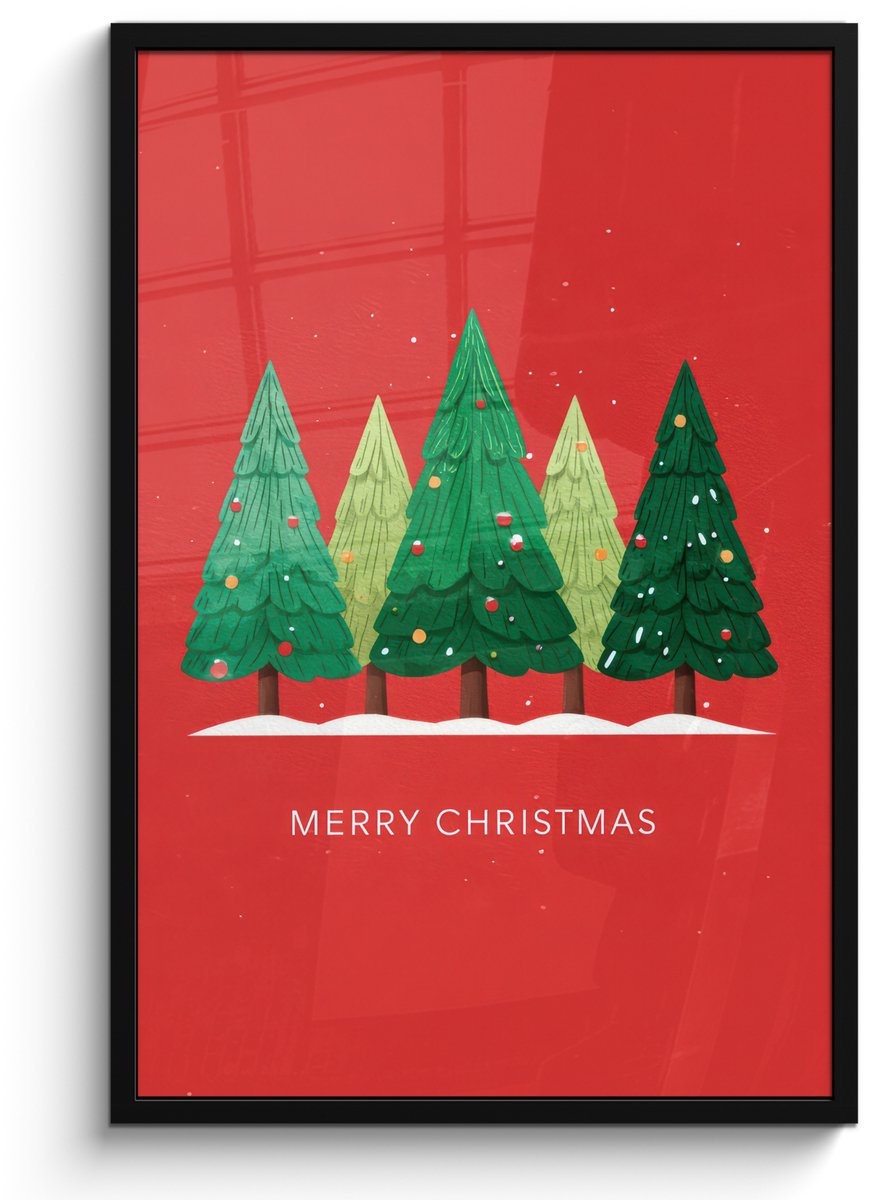 FrameYourWall Poster in lijst - Fotolijst 60x90 cm - Posters - Minimalistisch - Kerstbomen - Rood - Sneeuw - Posterlijst zwart - Decoratie - Wanddecoratie woonkamer - Muurdecoratie slaapkamer - Kerstversiering - Kerstdecoratie voor binnen - Kerstmis