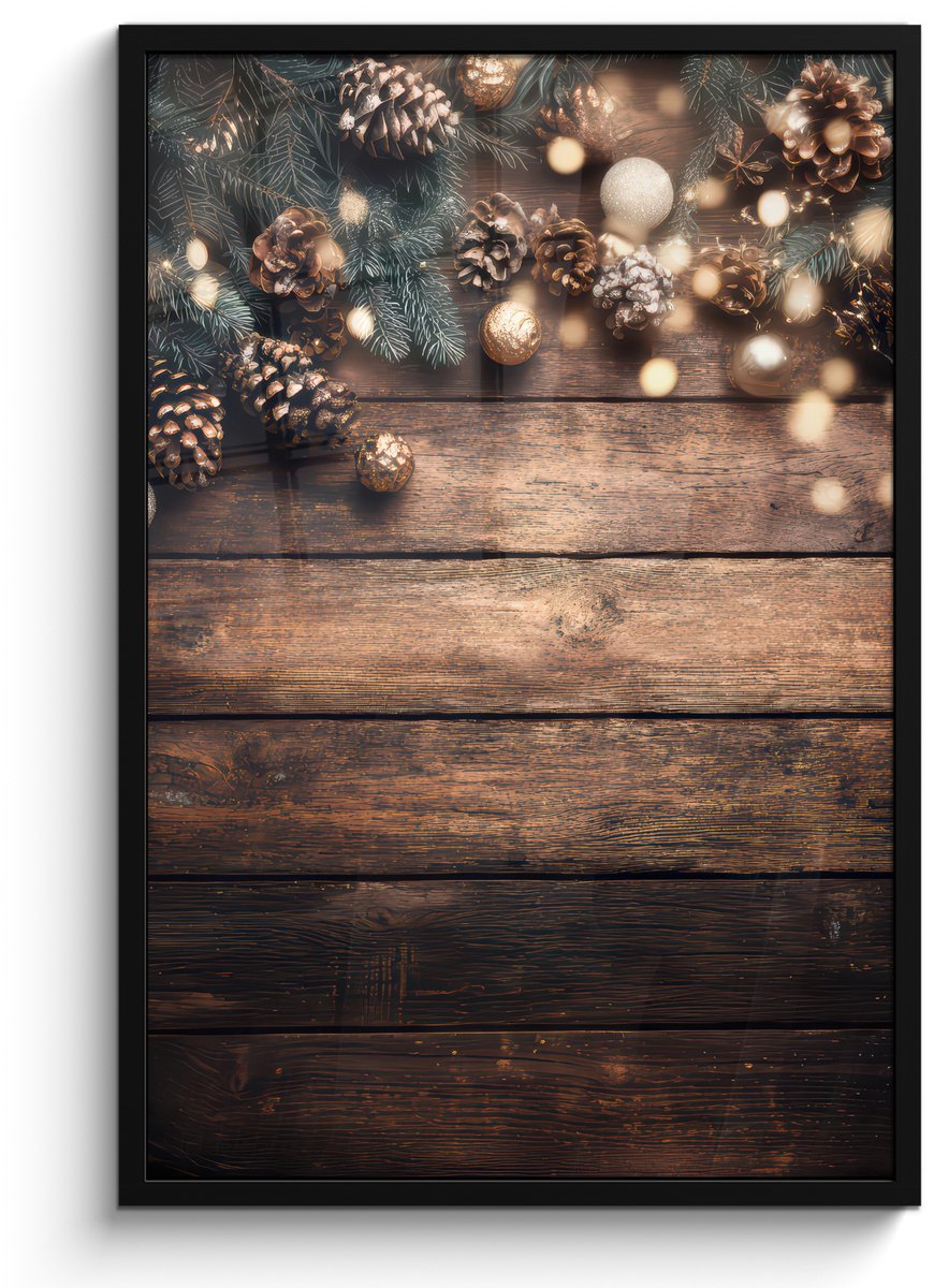FrameYourWall Poster in lijst - Fotolijst 60x90 cm - Posters - Kerstdecoratie - Houten - Dennenappel - Bruin - Posterlijst zwart - Decoratie - Wanddecoratie woonkamer - Muurdecoratie slaapkamer - Kerstversiering - Kerstdecoratie voor binnen - Kerstmis