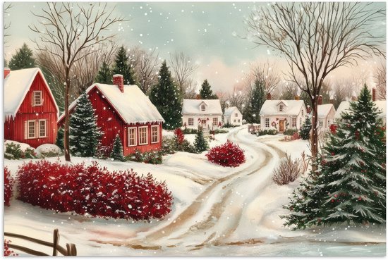 Poster 90x60 cm - Kerstsfeer - Landelijk - Rood - Posters - Kamer decoratie - Wanddecoratie woonkamer - Muurdecoratie slaapkamer - Kerstversiering - Kerstdecoratie voor binnen - Kerstmis