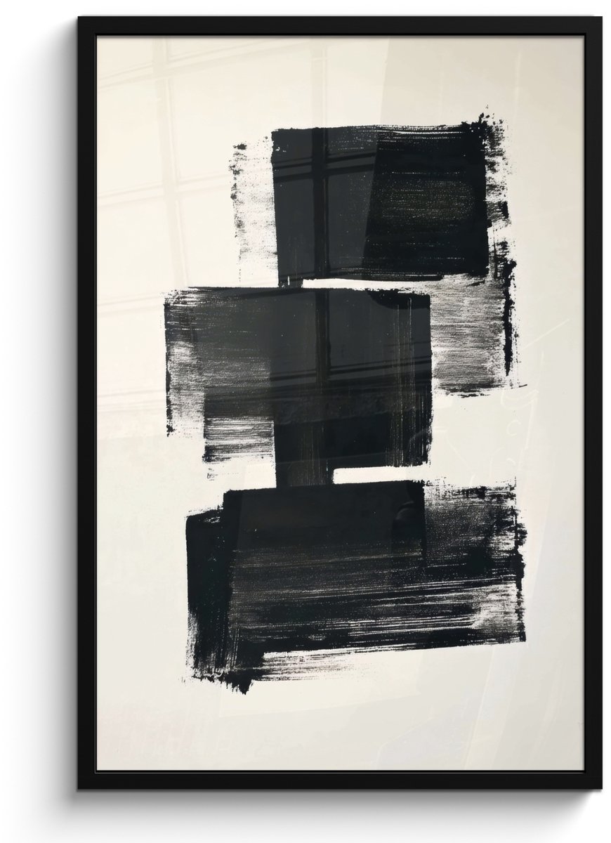 FrameYourWall Poster in lijst - Fotolijst 60x90 cm - Posters - Rechthoeken - Penseelstreken - Abstract - Zwart - Posterlijst zwart - Decoratie - Wanddecoratie woonkamer - Muurdecoratie slaapkamer