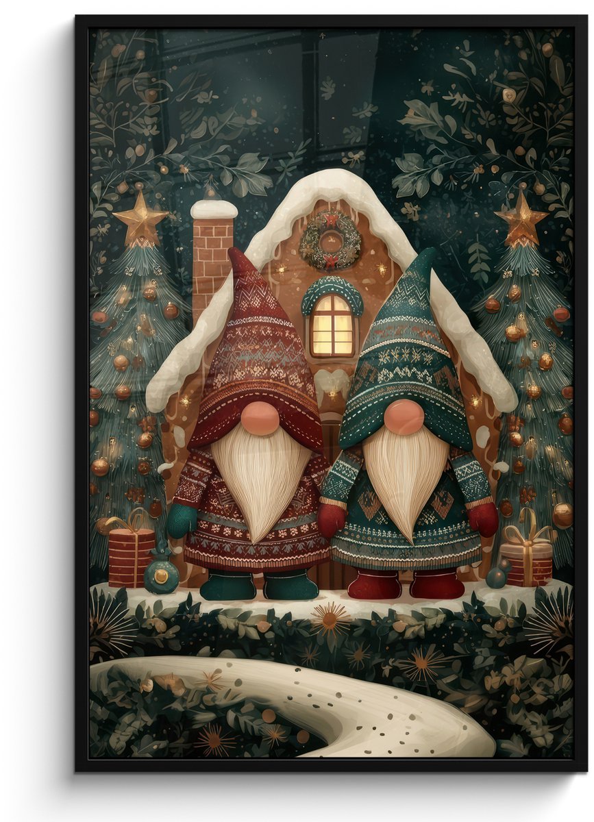 FrameYourWall Poster in lijst - Fotolijst 80x120 cm - Posters - Kerst - Gnomen - Peperkoekhuisje - Rood - Groen - Posterlijst zwart - Decoratie - Wanddecoratie woonkamer - Muurdecoratie slaapkamer - Kerstversiering - Kerstdecoratie voor binnen - Kerstmis Kerst - Gnomen - Huisje - Rood - Groen