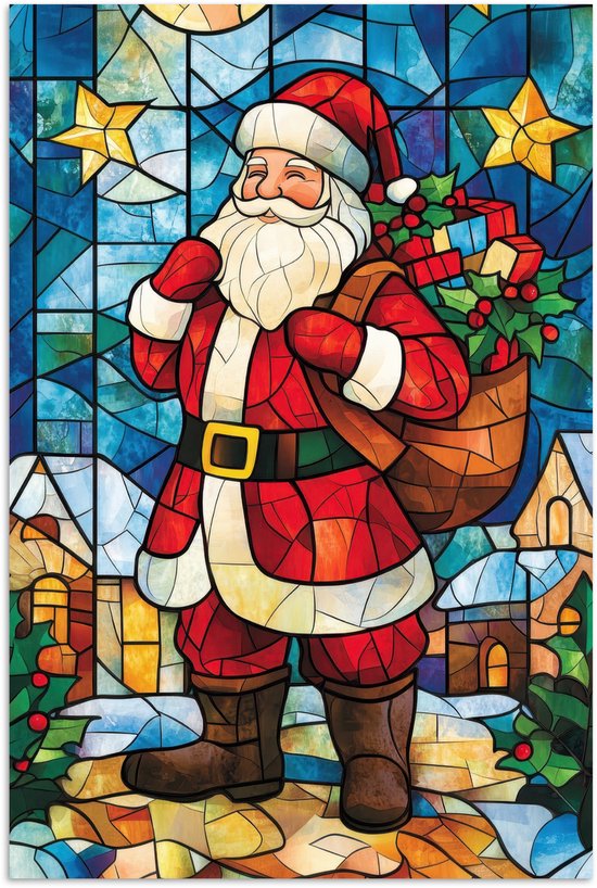Poster 60x90 cm - Kerstman - Glas - Kleurrijk - Posters - Kamer decoratie - Wanddecoratie woonkamer - Muurdecoratie slaapkamer - Kerstversiering - Kerstdecoratie voor binnen - Kerstmis