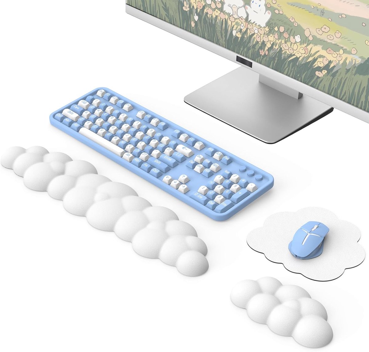 Ergonomic Cloud Keyboard Wrist Rest with Mouse Rest - Upgraded PU Leather Arm Rest Wrist Pad for Office Gaming Computer Laptop White