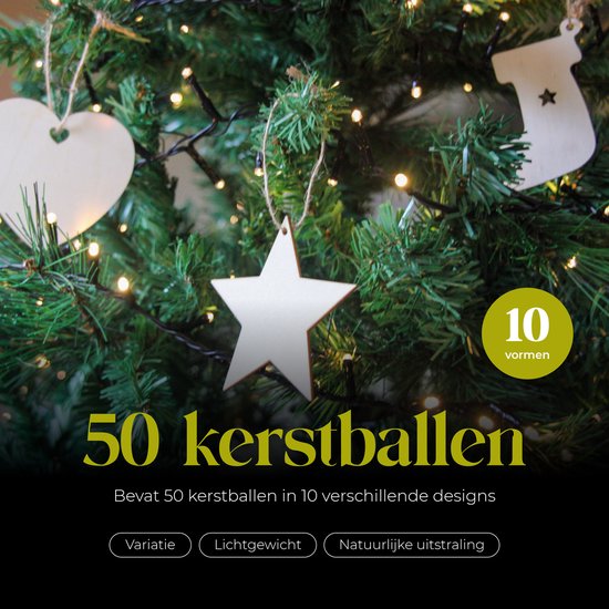 Giftmas Boules de Noël en bois - Décorations de Noël pour l'intérieur - Boule de Boules de Noël en bois - Noël - 10 formes - ⌀7.5cm - 50 pièces