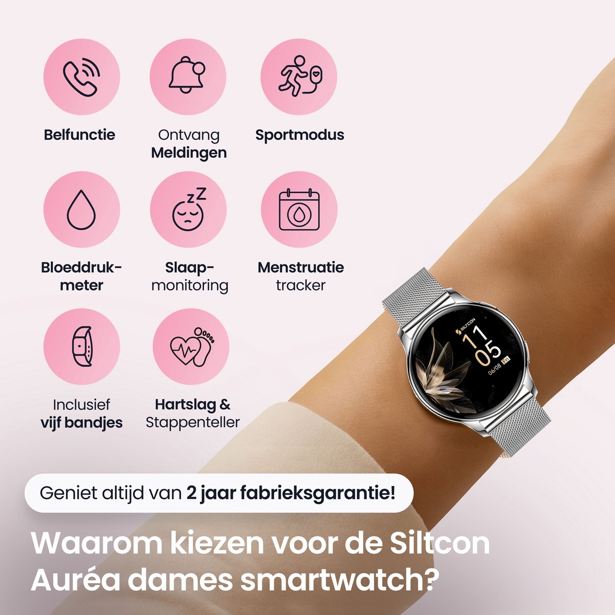 Siltcon® Auréa Smartwatch Dames & Heren - Horloge Dames - Stappenteller Horloge Dames - Hartslagmeter - Slaapmonitor - Saturatiemeter - Geschikt voor iOS/Android - AMOLED - RVS - Elke pols - Incl. 5 Bandjes – foto 2