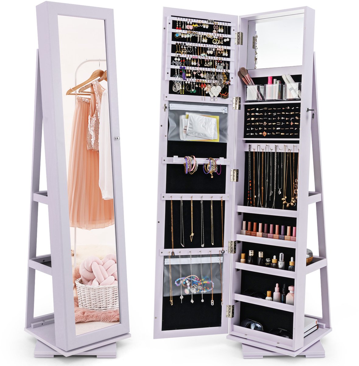 COSTWAY Sieradenkast, spiegelkast met full-body spiegel en ingebouwde make-upspiegel, 360 
