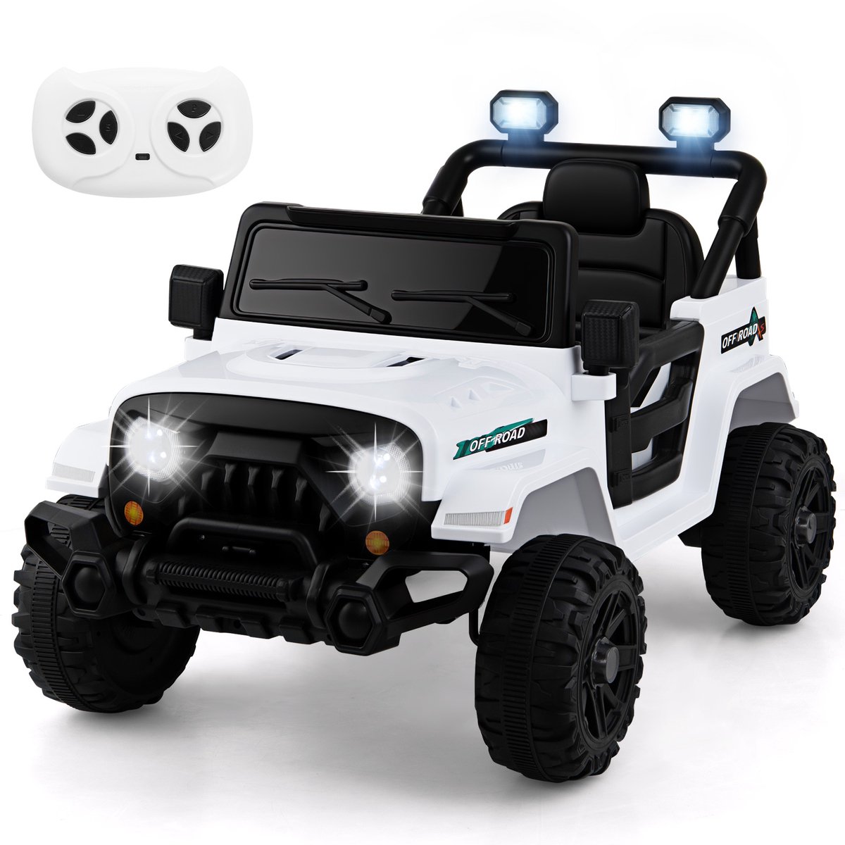 COSTWAY Elektrische kinderauto, 12 V, met 2,4 G afstandsbediening, ledverlichting, muziek en claxon, jeepauto voor kinderen vanaf 3 jaar, wit
