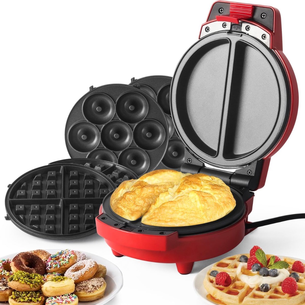 MMP® Wafelijzer met verwisselbare platen - Wafelijzer - Rood - 23cm x 23cm x 27cm