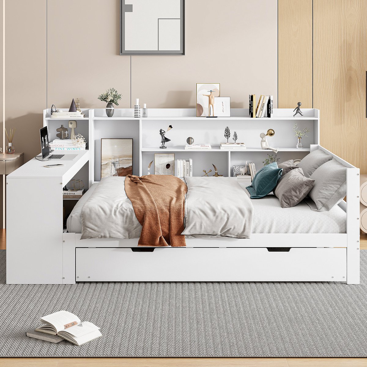 Merax Slaapbank 140x200 cm - met bureau - boekenplank - opbergrek - met stopcontact - met uitschuifbaar bed - wit - zonder matras