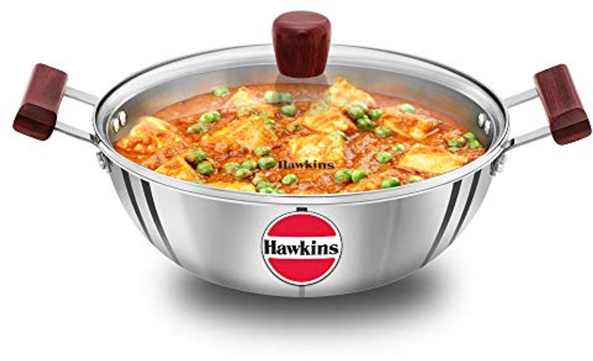 Diepe Kadhai 4 Liter - Triply RVS Koken met Glazen Deksel
