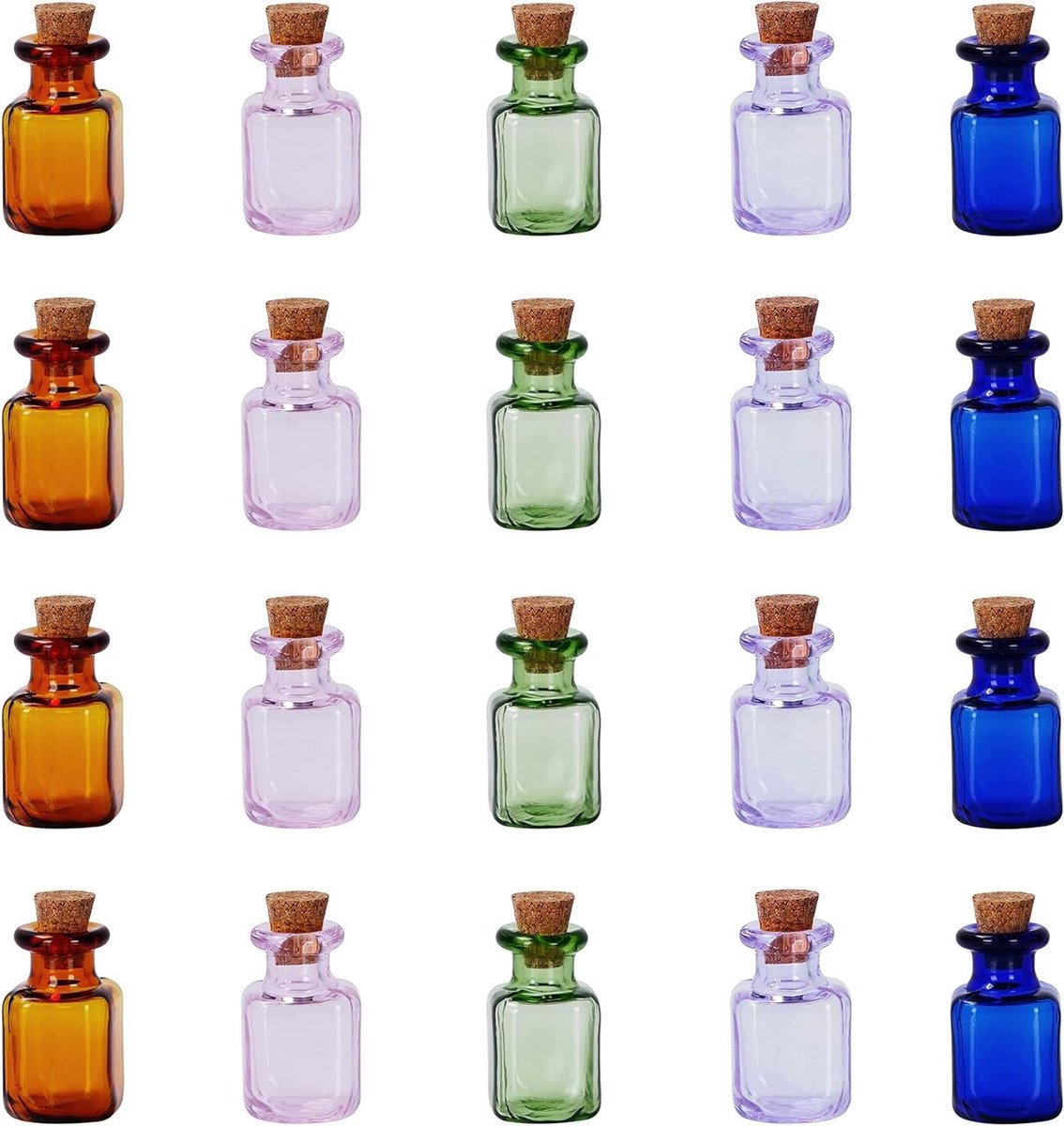 Orivio - 20 Assortiment Mini Glazen Flessen - Miniatuur Potjes in 5 Kleuren met Kurken Doppen voor Huwelijk Geschenken, Wens Flesjes & Decoratieve DIY Kunst/Hobby