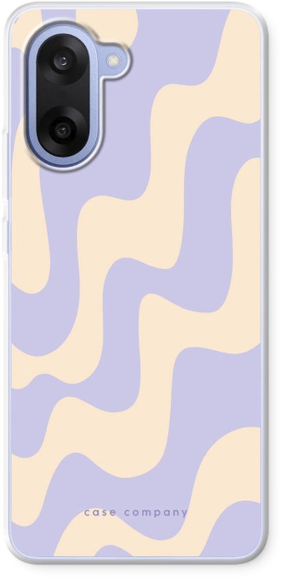 Doorzichtige telefoonhoes met een golvend patroon in paars en beige tinten.