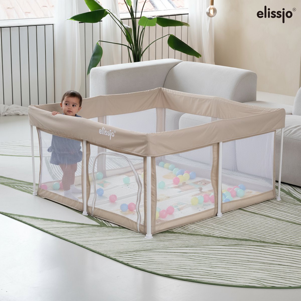 Elissio® - Grondbox Baby - Inklapbare Speelbox met Dubbelzijdige Speelmat & 50 Ballen - Kruipbox - Kinderbox - Playpen Baby - 125x125x65 CM - Beige – foto 5
