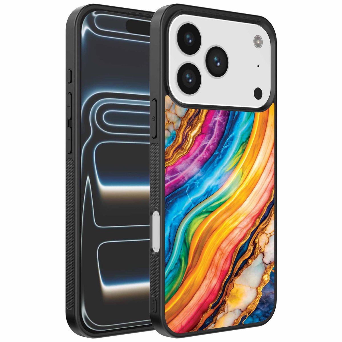Geschikt voor iPhone 17 Pro Telefoonhoesje met Regenboog Goud Marmer Opdruk - TPU Backcover Case Rainbow Gold Marble Design - Smartphonica geschikt voor iPhone 17 Pro