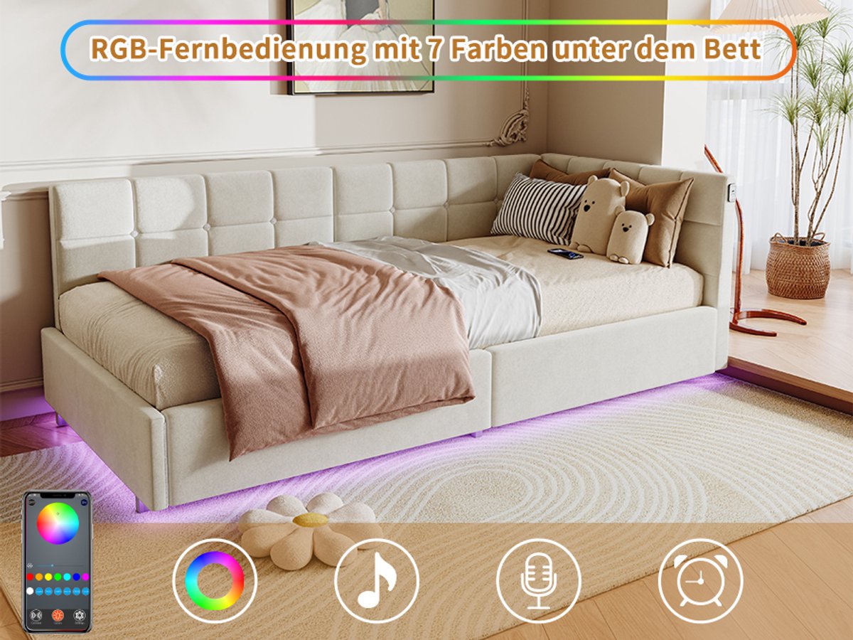 ROSAHQNDA Kinderbed Gestoffeerd Bed 90 x 200 cm Dagbed, Slaapbank Eenpersoonsbed met LED en USB-oplaadpoort en hydraulische opbergruimte, Dagslaapbank met rugleuning en lattenbodem, Zonder matras, Fluweel, Beige (Gesplitst voor 2 pakketten voor verzending)