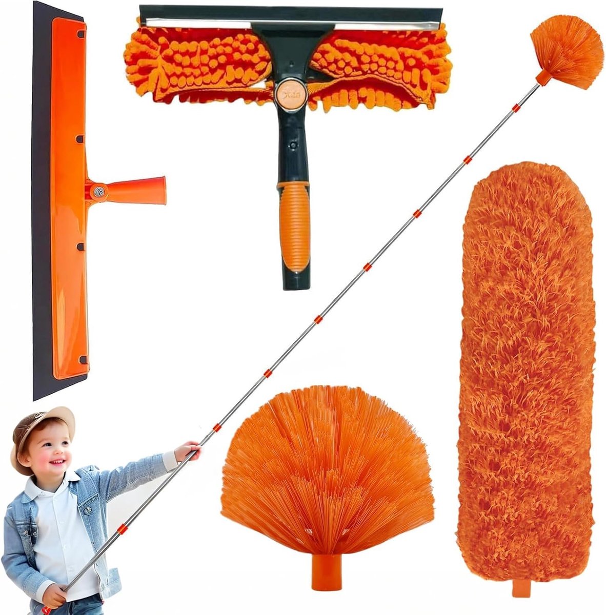 Verstelbare stofzuigerset voor huishoudelijk gebruik - 10-delige telescopische steel + glasreiniger + vezelpunt + spinnenwebborstel + glaswisser - Chenille - Geschikt voor plafondjaloezieën - Oranje
