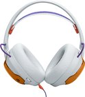 Vooraanzicht van een witte gaming headset met oranje accenten op de oorschelpen en een paarse hoofdband.