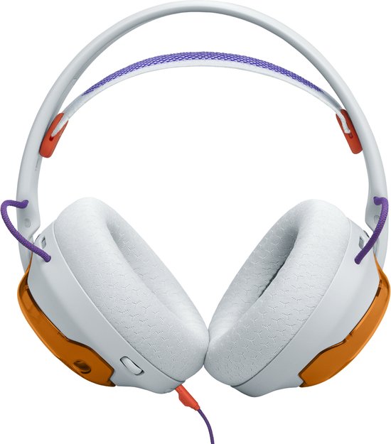 Vooraanzicht van een witte gaming headset met oranje accenten op de oorschelpen en een paarse hoofdband.