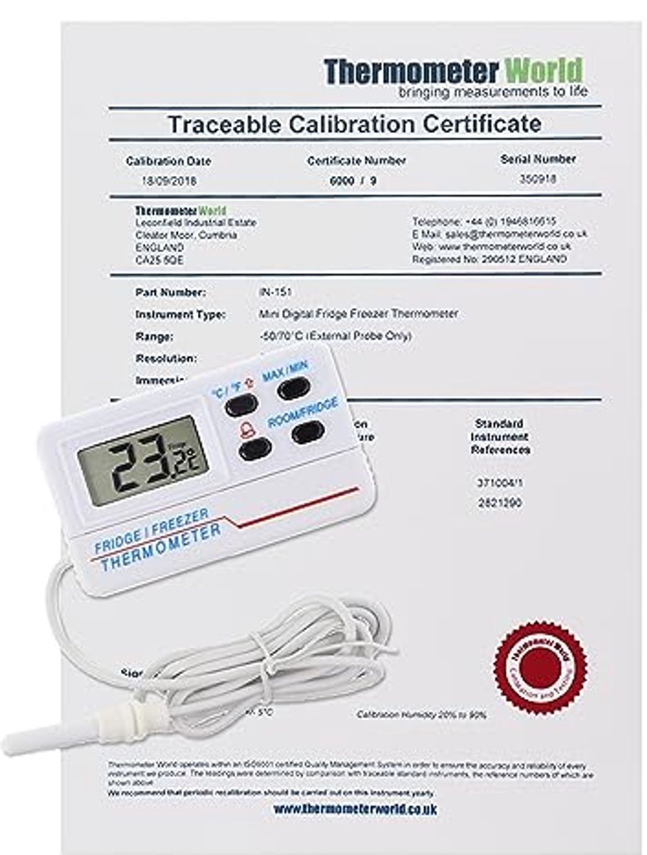 Digitale Gekalibreerde Koelkast en Vriesthermometer met Traceerbaar Kalibratiecertificaat