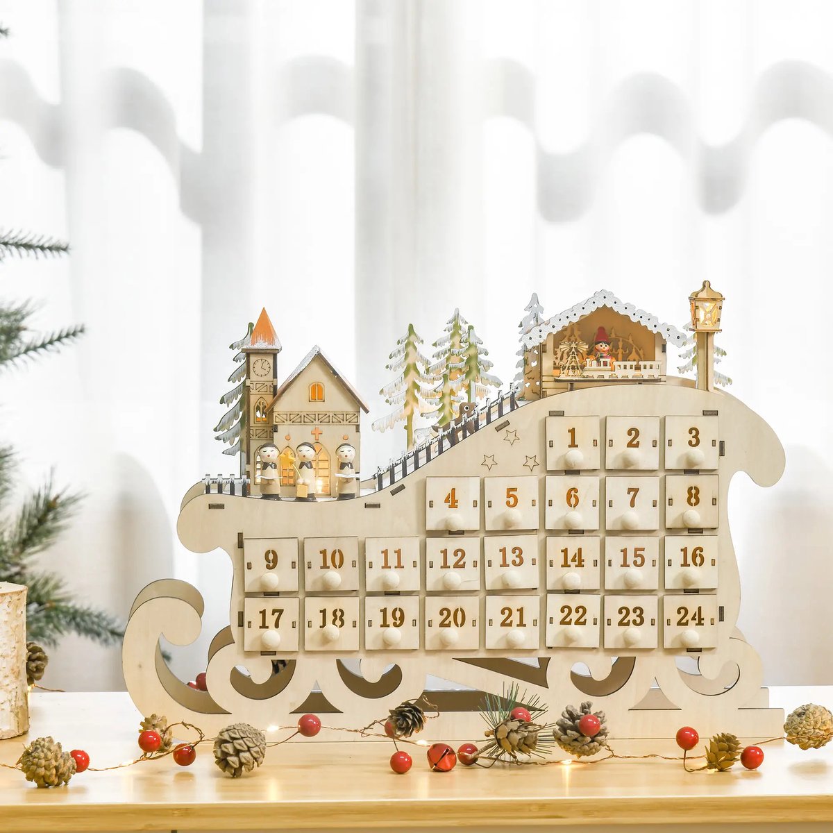Pugsdrly Adventskalender om te vullen 24 lades Vakjes Kerstkalender met LED-lampjes Sledevorm Adventskalenderdoos Kerstversiering DIY Multiplexplaat Natuurlijk hout 45 x 10 x 31 cm