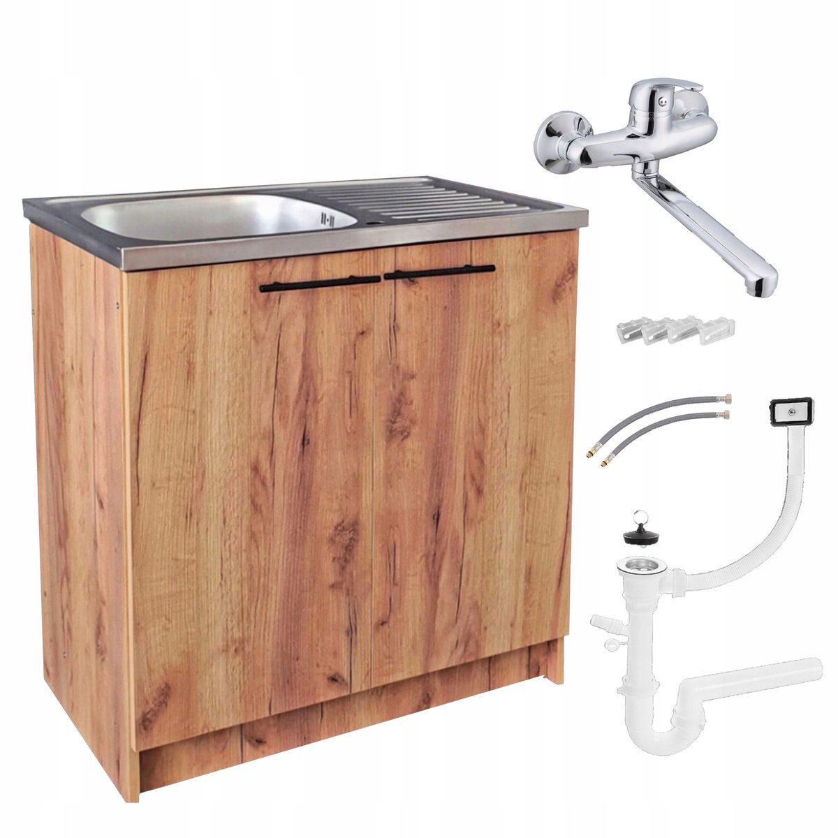STAMAR - Keukenkast 80 cm - Onderkast met Spoelbak met één compartiment + kraan + sifon - Eiken Goud