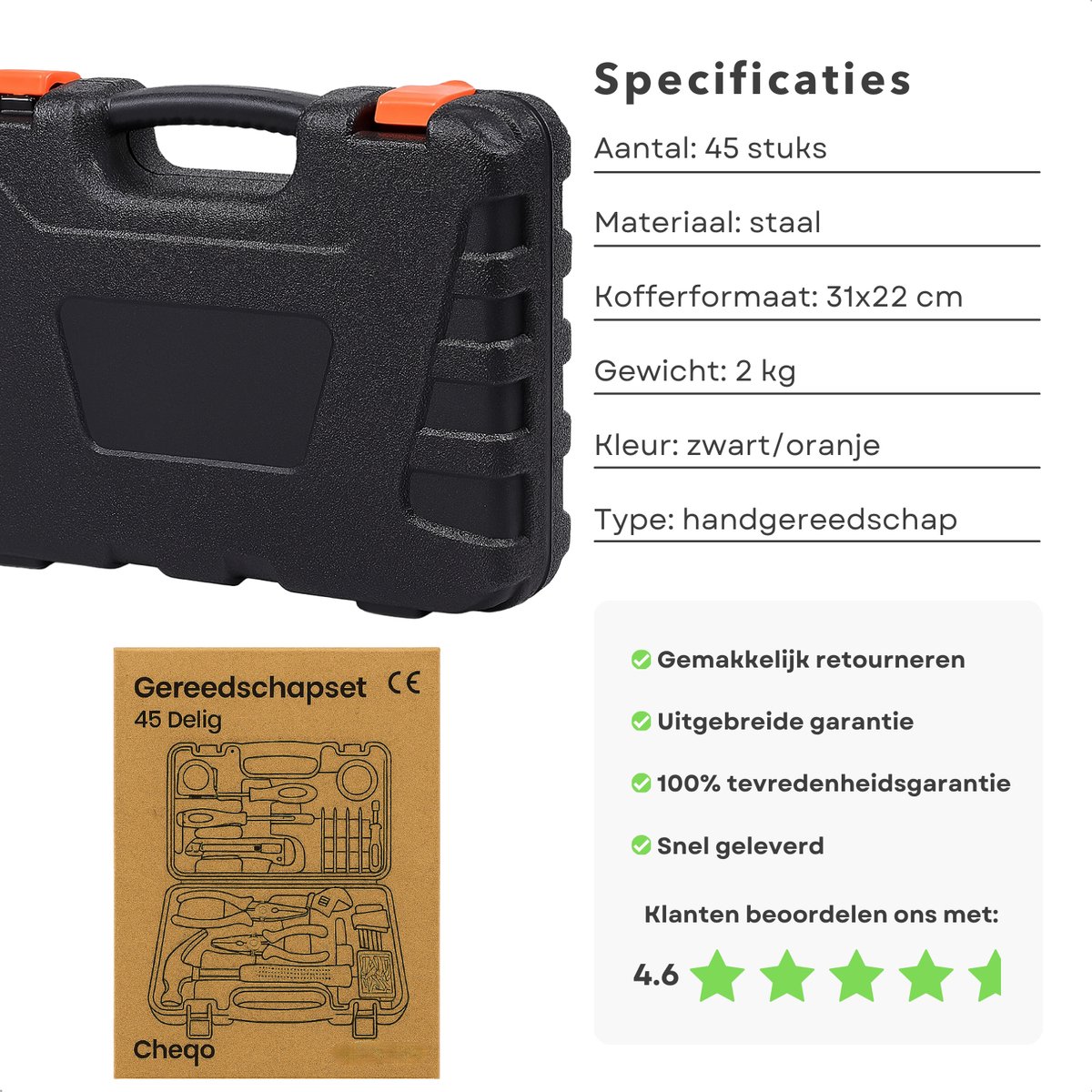 Cheqo® Gereedschapset Voor Beginners - 45-Delige Gereedschapset - Klauwhamer - Schroevendraaiers - Tangen - Imbussleutels - Multi-Schroevendraaiers - Afbreekmes - Rolbandmaat - Isolatietape - Spanningzoeker - Kunststof Opbergkoffer — cadeau in Gereedschap - foto 4