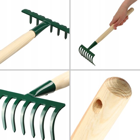 KADAX kleine metalen hark, hark gemaakt van hout, lommerrijke bezems, lekken, gazonhark voor tuin, tuin hicke, handhark, kleine ventilatorbroom (8 tanden, kort, hout, metaal) van Merkloos	 — afbeelding 3
