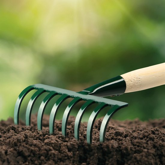 KADAX kleine metalen hark, hark gemaakt van hout, lommerrijke bezems, lekken, gazonhark voor tuin, tuin hicke, handhark, kleine ventilatorbroom (8 tanden, kort, hout, metaal) van Merkloos	 — afbeelding 4