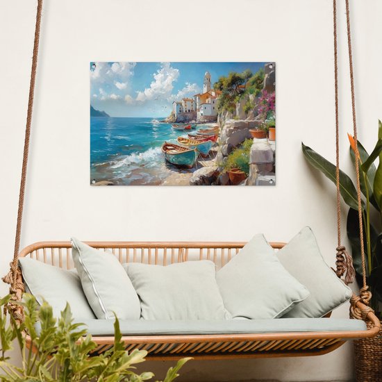 Tuinposter 90x60 cm - Tuindecoratie Boten - Rotsen - Zee - Zon - Poster voor in de tuin - Buiten decoratie - Schutting tuinschilderij - Tuindoek muurdecoratie - Wanddecoratie balkondoek