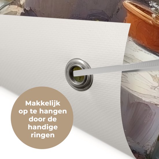 Tuinposter 90x60 cm - Tuindecoratie Boten - Rotsen - Zee - Zon - Poster voor in de tuin - Buiten decoratie - Schutting tuinschilderij - Tuindoek muurdecoratie - Wanddecoratie balkondoek