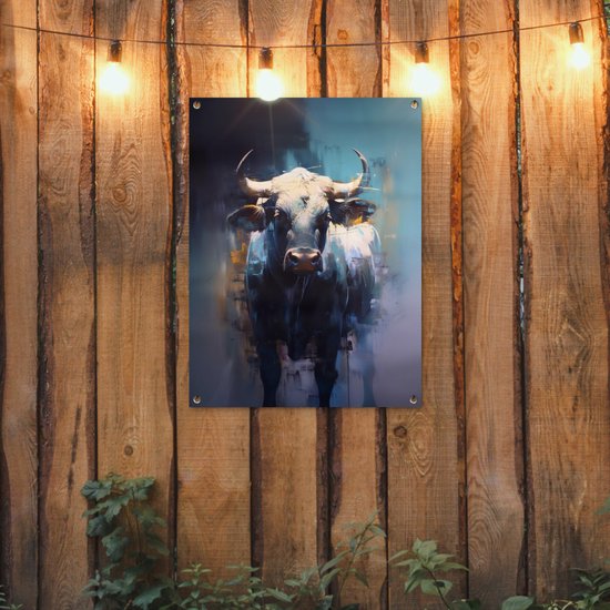 Tuinposter 60x80 cm - Tuindecoratie Stier - Zwart - Abstract - Horens - Poster voor in de tuin - Buiten decoratie - Schutting tuinschilderij - Tuindoek muurdecoratie - Wanddecoratie balkondoek
