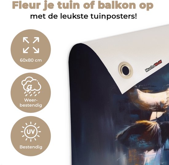 Tuinposter 60x80 cm - Tuindecoratie Stier - Zwart - Abstract - Horens - Poster voor in de tuin - Buiten decoratie - Schutting tuinschilderij - Tuindoek muurdecoratie - Wanddecoratie balkondoek