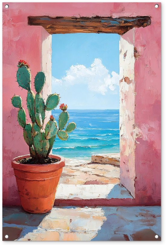 Tuinposter 80x120 cm - Tuindecoratie Zee - Roze - Cactus - Poster voor in de tuin - Buiten decoratie - Schutting tuinschilderij - Tuindoek muurdecoratie - Wanddecoratie balkondoek