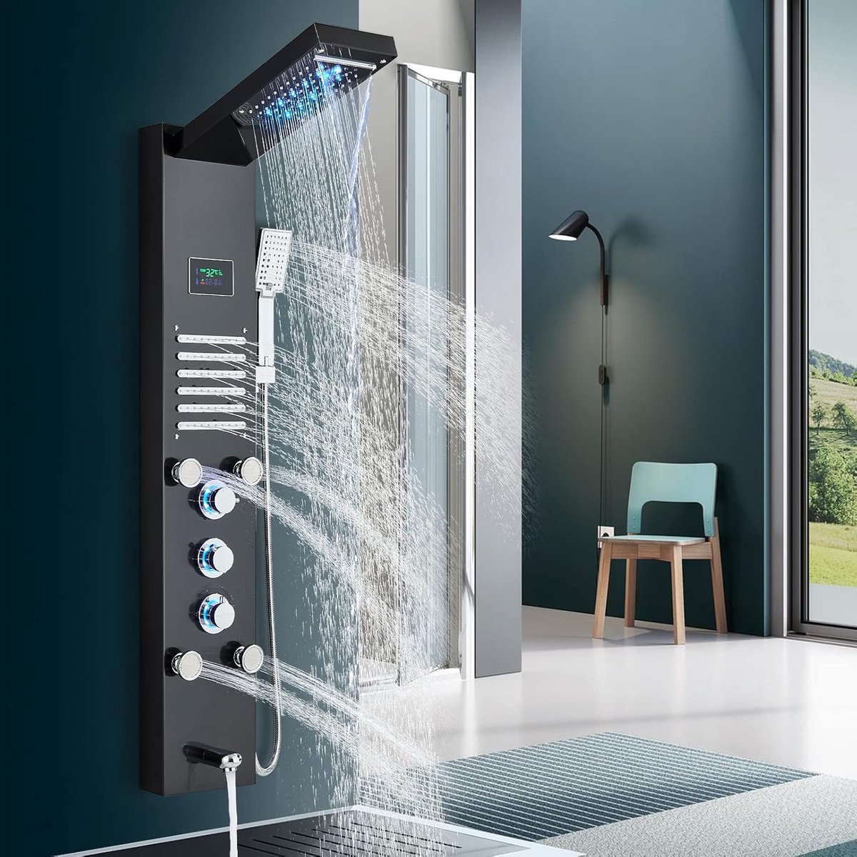 LED-douchekolom Multifunctioneel wanddouchesysteem met hydromassagekop Temperatuur- en tijdweergave Roestvrij staal Zwart