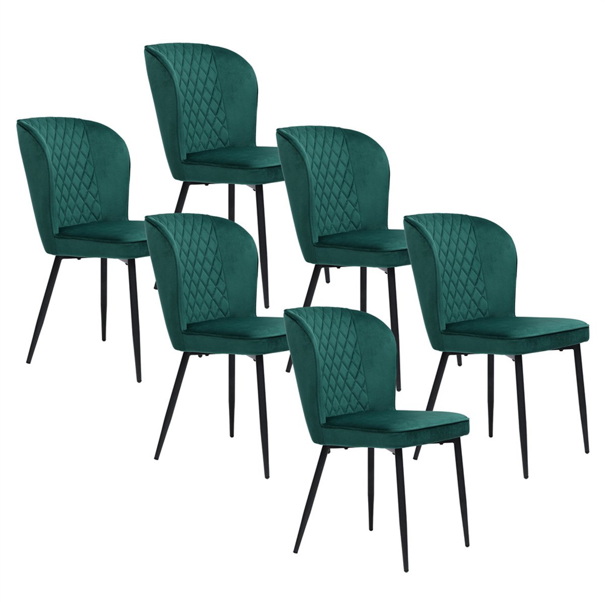 YEHTOKHOME Eetkamerstoel, Set Van 6, Moderne Keukenstoel, Gestoffeerde stoel, Fluwelen stoel met rugleuning, Groen Velvet, Zwart metalen poten, 47 x 49 x 86 cm