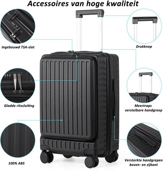 Zwarte koffer met TSA-slot, ritsen, ABS-materiaal en handvatten.