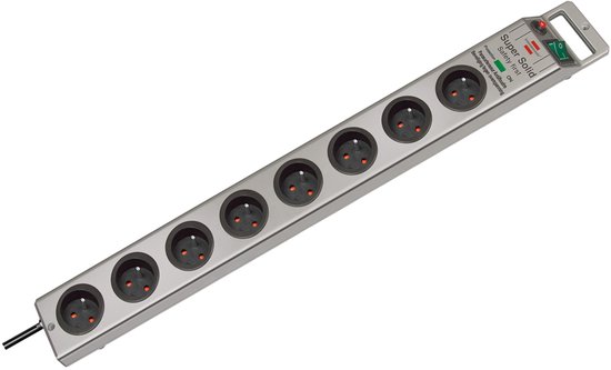 Super-Solid 13.500A stekkerdoos met overspanningsbeveiliging 8-voudig zilver 2,5m H05VV-F 3G1,5 *FR*
