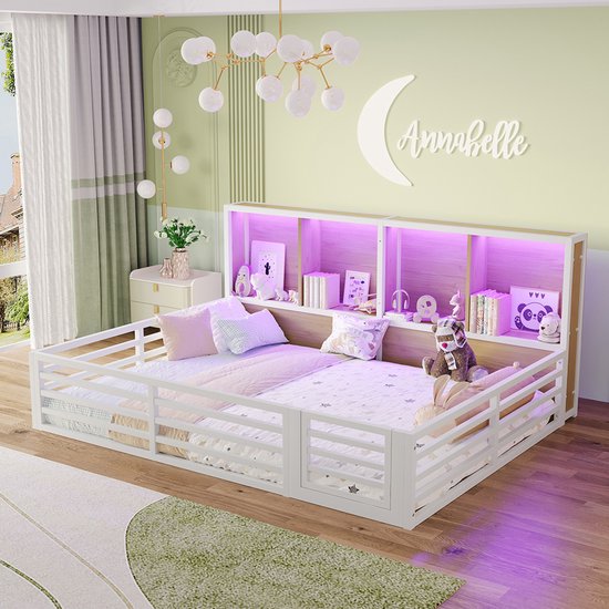 Komhtom Hemelbed, 140 x 200 cm, dagbed, platform, bedzijde met opbergvak, bed met lattenbodem (zonder matras), balustrade, metaal, wit