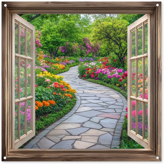 Tuinposter 100x100 cm - Tuindecoratie Doorkijk - Bloemen - Tuinpad - Natuur - Raam - Poster voor in de tuin - Buiten decoratie - Schutting tuinschilderij - Tuindoek muurdecoratie - Wanddecoratie balkondoek