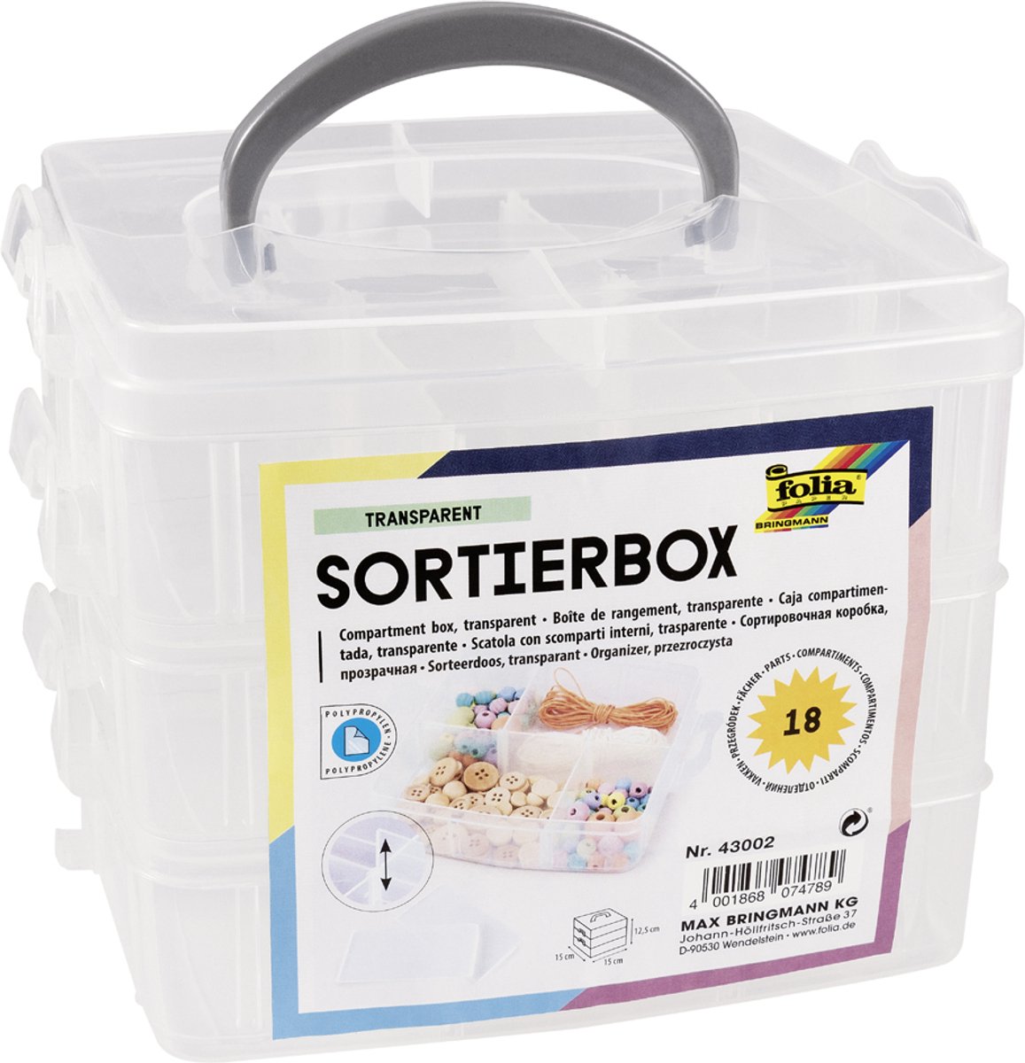 Sorteerbox Folia stapelbaar 18 delig 150x150x125mm transparant