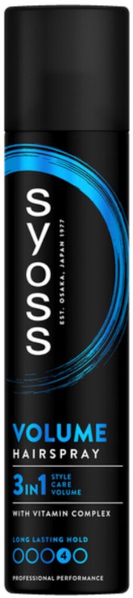 Syoss Volume Haarlak: 3-in-1 styling, verzorging, hold met Vitamine Complex. Zwarte fles met blauwe ring en tekst.