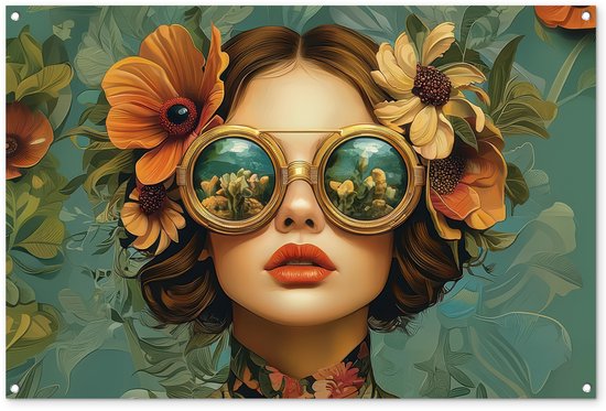 Portret van een vrouw met grote, ronde, goudkleurige brillenglazen en bloemen in haar bruine haar. Oranje bloemen met rode details op een groene, botanische achtergrond.