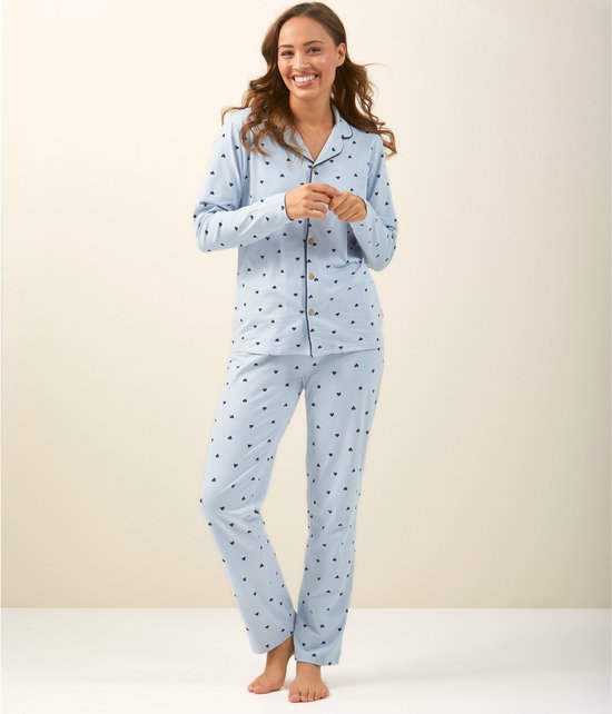 Little Label - klassieke dames pyjama lichtblauw hartjes XS/34-36 - Zachte BIO Katoen