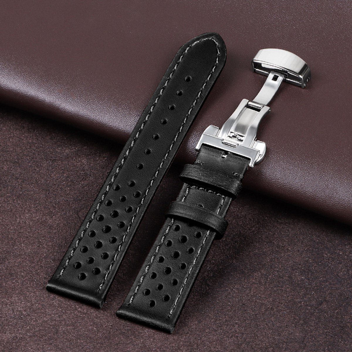 22 mm band van echt leer met vouwsluiting van rundleer en 22 mm universele band - zwart (geolied leer)