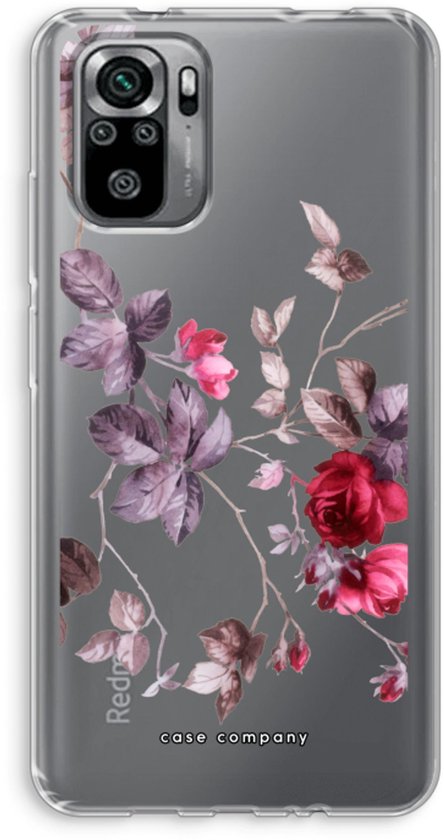 Transparant telefoonhoesje met een gedetailleerde print van roze en paarse bloemen op de achterkant.