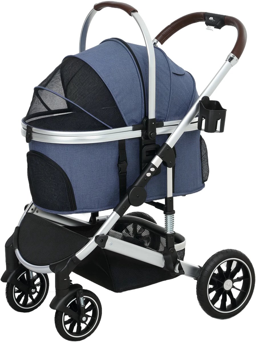TRUUSK 3-in-1 Opvouwbare Hondenbuggy - Voor Honden & Katten tot 10 kg - Kussen - Bekerhouder - Netvensters - Deuren - Opbergmand