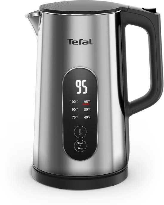 Zilverkleurige Tefal waterkoker met digitaal display dat 95°C aangeeft, met temperatuurinstellingen en start/stop knop.